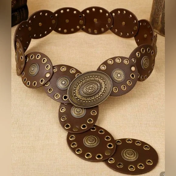 Brown Leather Belt with Gold Accents - Picture 2 of 2